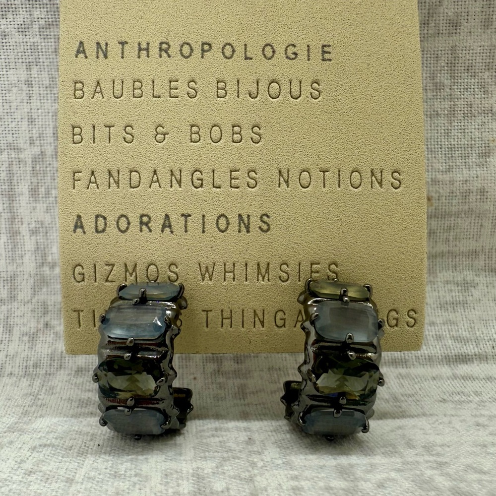 NWT Anthropologie Crystal Baguette Huggie Hoop Earrings in Gunmetal